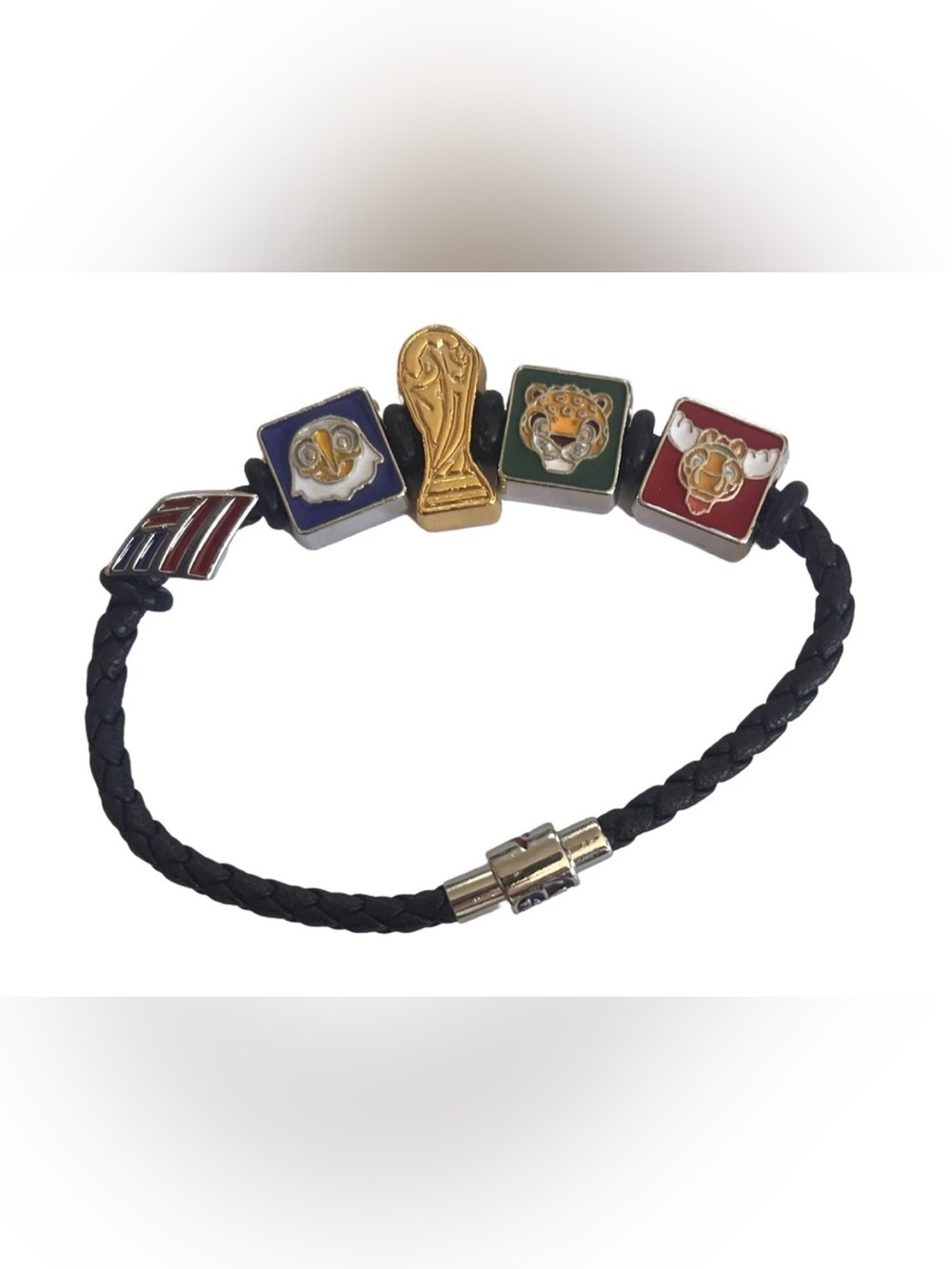 Soccer World Cup Themed Braided Leather Bracelet with Enamel Charms